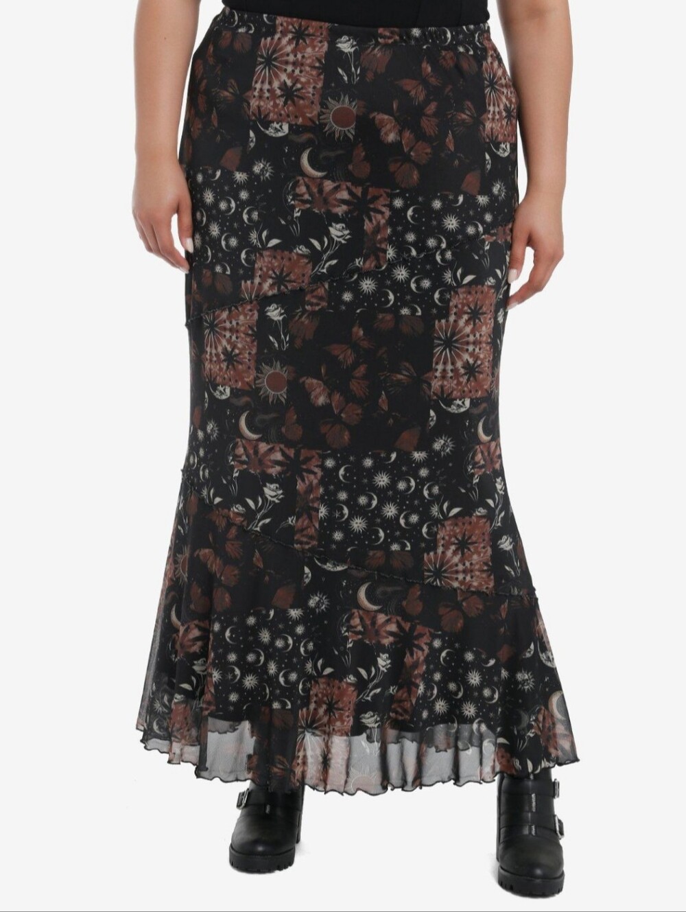 Celestial Patchwork Maxi Skirt — Black and Brown